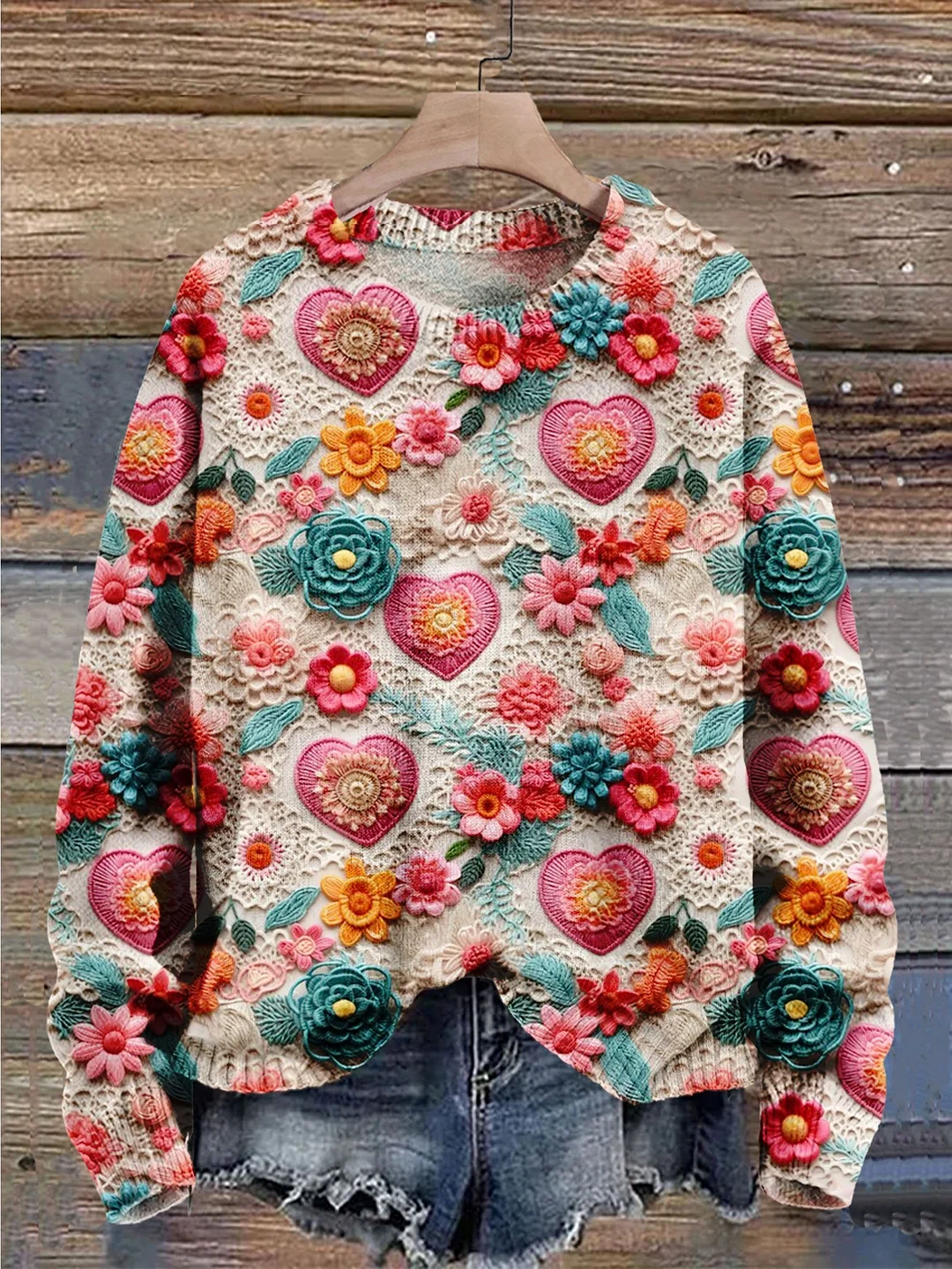 Valentine Gift Love Heart Flower Art Print Knit Pullover Sweater
