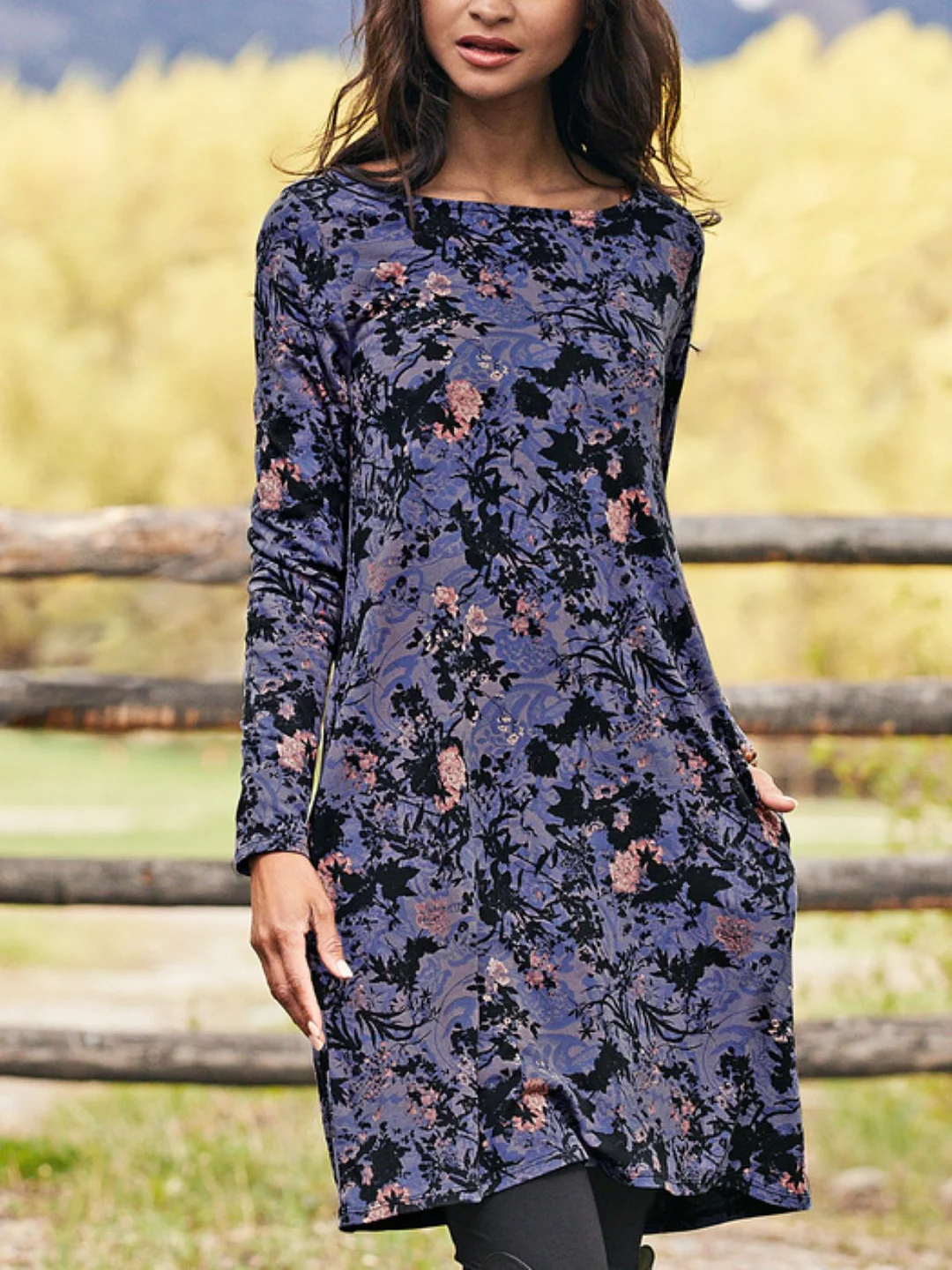 Casual Long Sleeve Round Neck Printed Tunic Dress