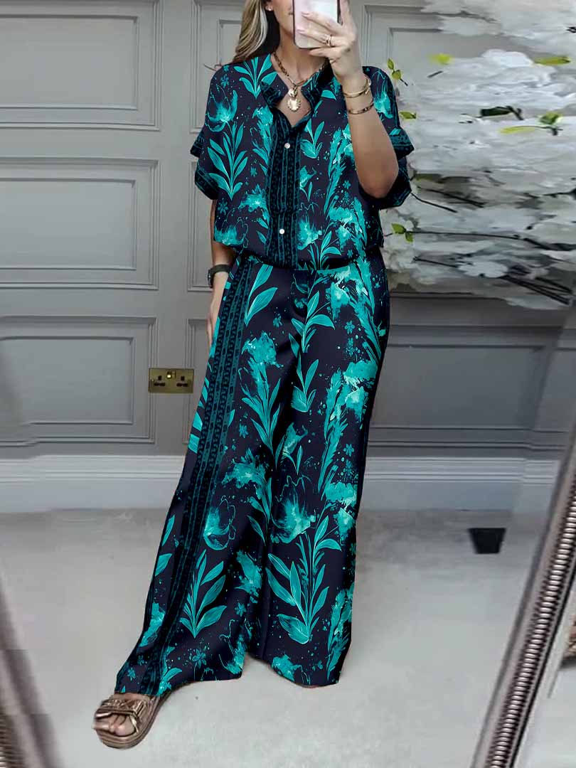 Women Plant, Fluorescent Green, Blue DZDL1125 V-neck Short Sleeve Blouse and Pants Set