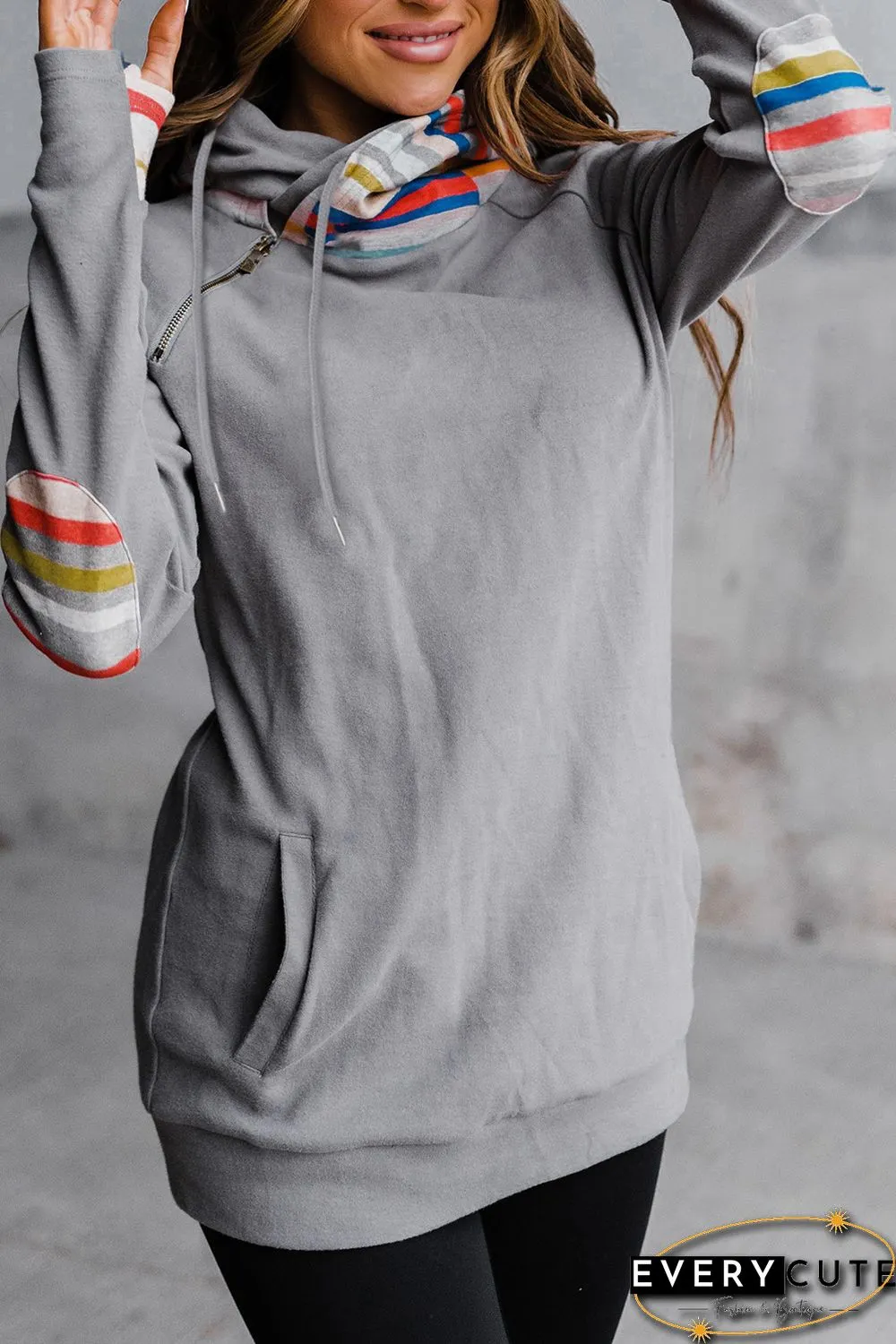 Rainbow Color Stripe Print Elbow Patch Hoodie
