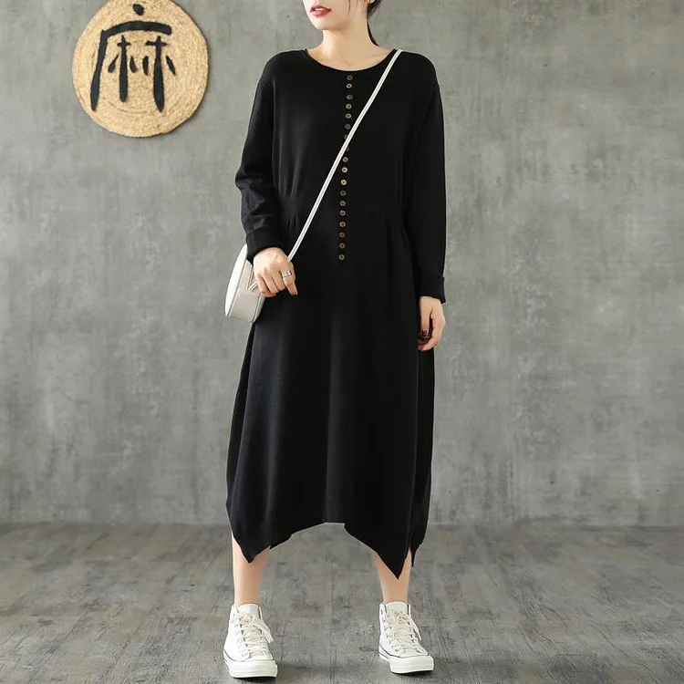 DIY black cotton clothes For Women o neck asymmetric Maxi Dresses