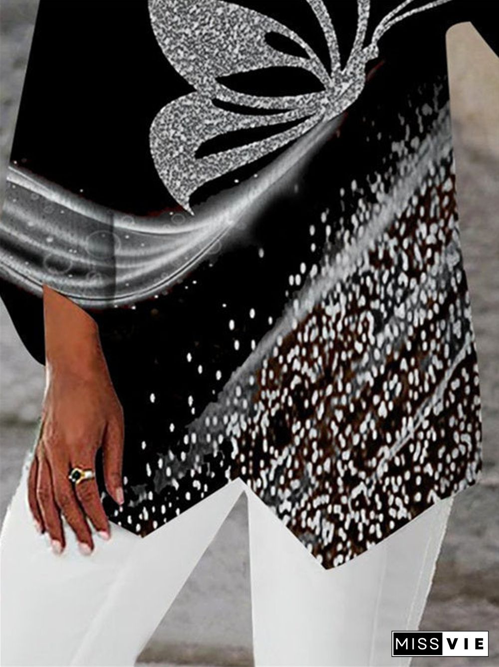 Women Asymmetrical 3/4 Sleeve Scoop butterfly print Tops