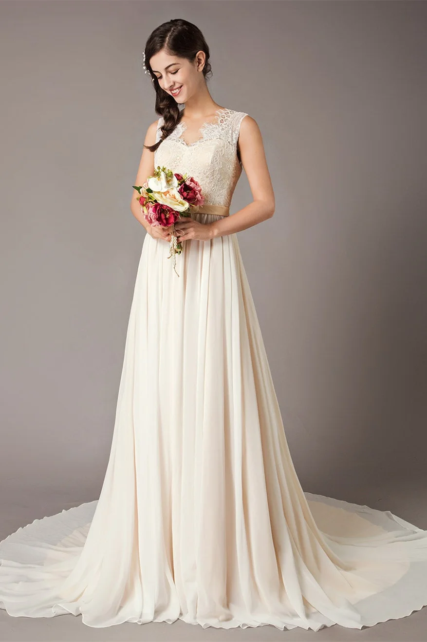 Champagne Lace Chiffon Wedding Dress PD0355