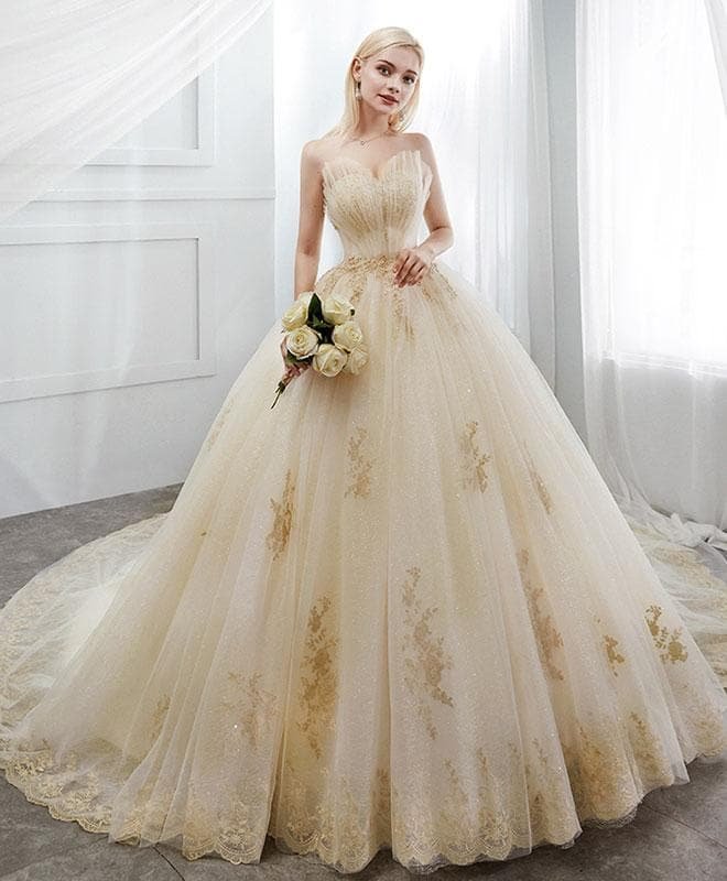 Champagne Tulle Lace Long Wedding Dress, Champagne Tulle Bridal Dress