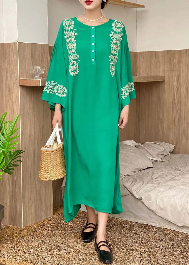Bohemian Green O-Neck Embroideried Cotton Dress Flare Sleeve