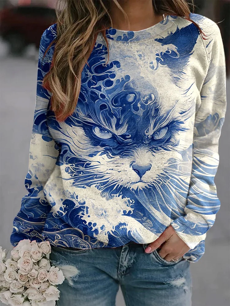 Women's Blue Waves&Cats Printed Sweatshirt
