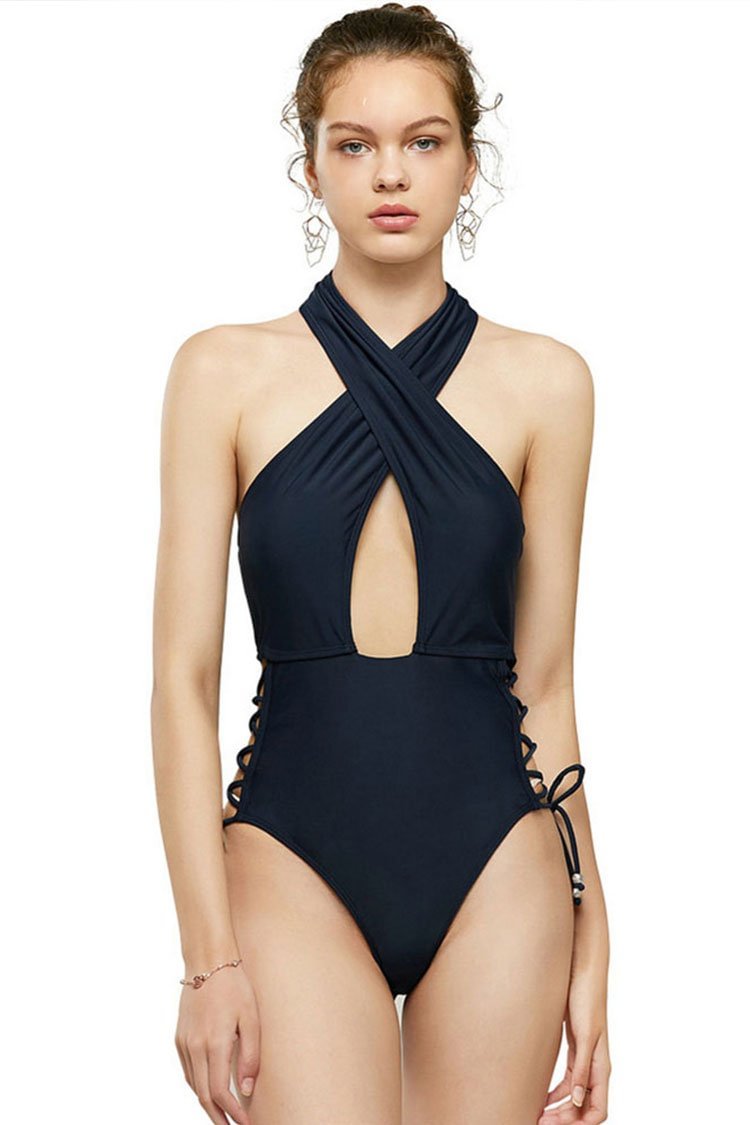 Backless Side Lace Up Cross Halter One Piece Swimsuit-elleschic