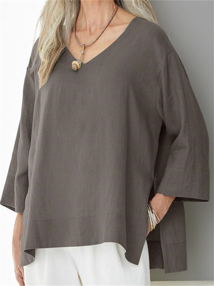 Women's V-neck Cotton Shirt Blouse Seven-quarter Sleeve Side Slit Loose Large Size T-shirt