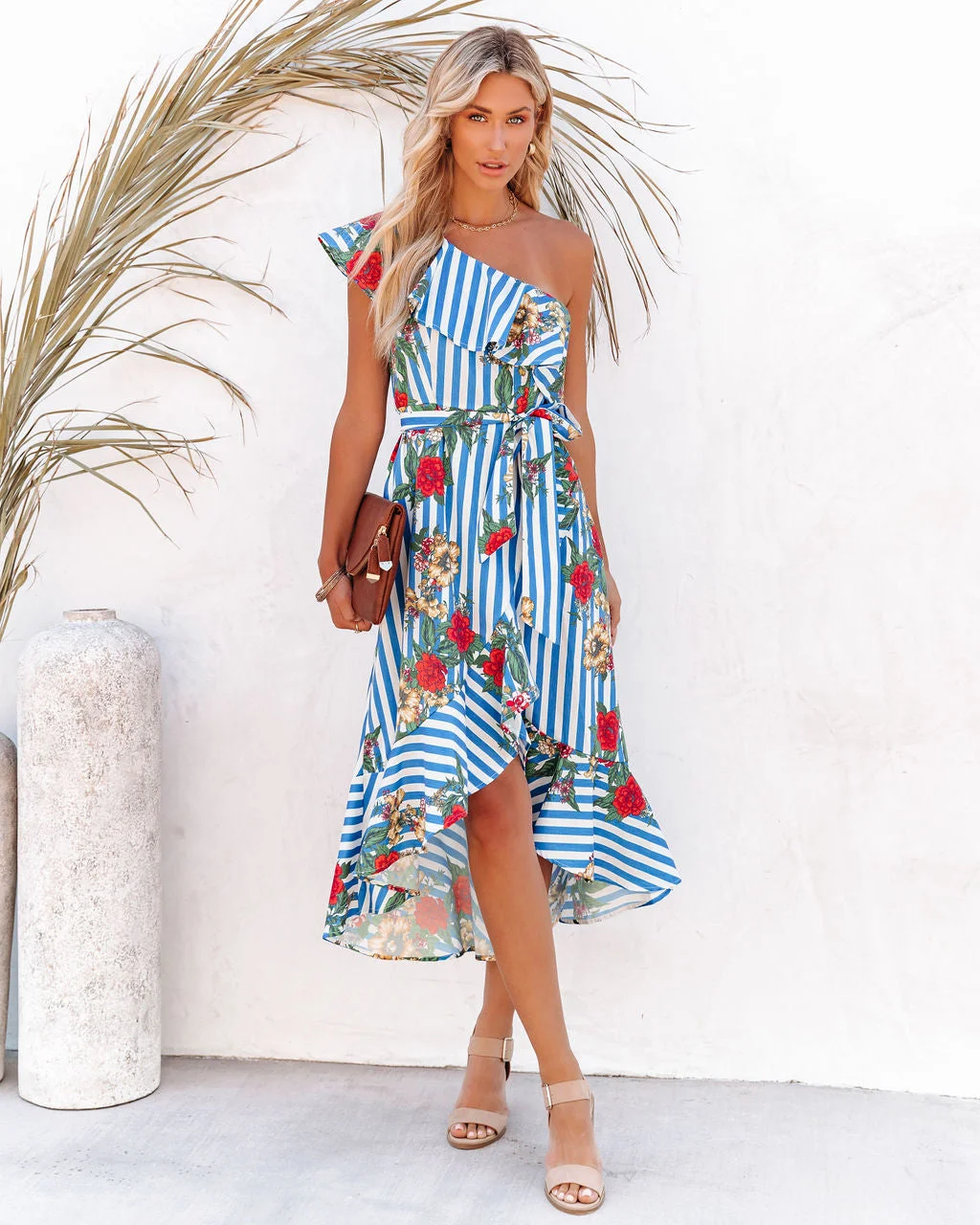 ABEBEY-Summer Vacation Beach Dress Casual Dress Ins Style Photograph Dress Matador One Shoulder Mixed Print High Low Dress