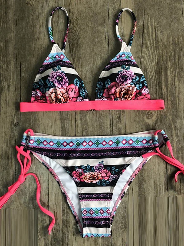 Floral Printed Triangles Bandage  Bikini Swimsuit 