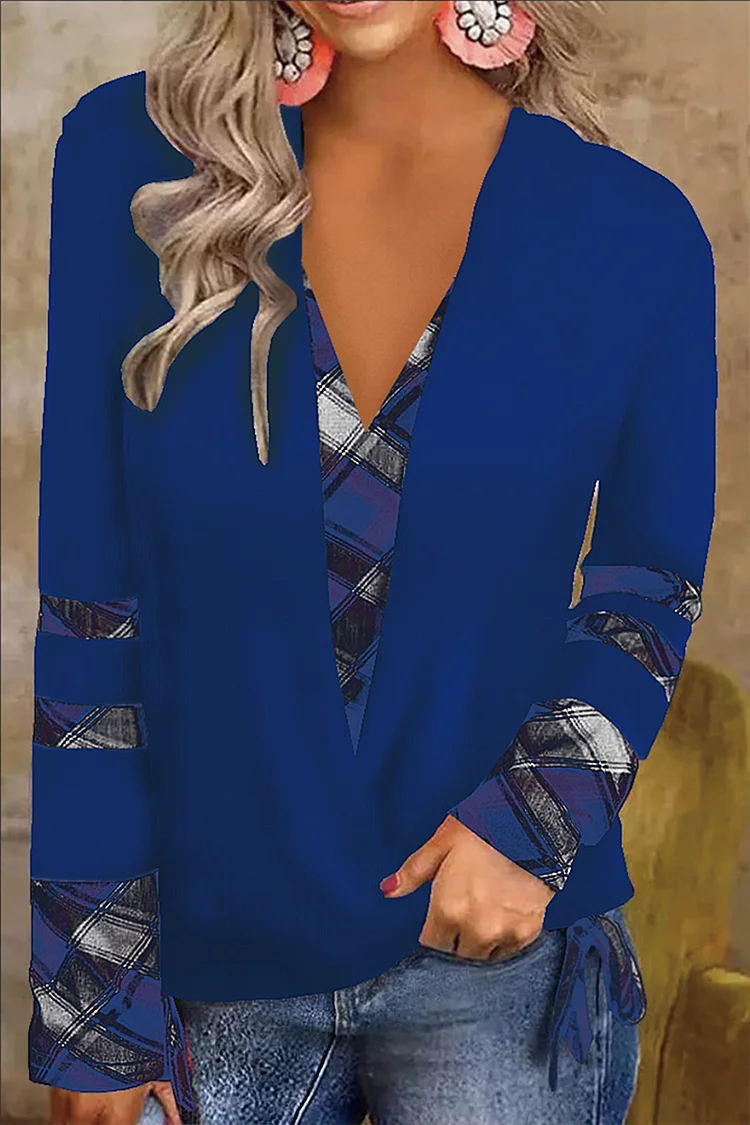 Plaid Pattern Tie Side Plunging Neck Blouse