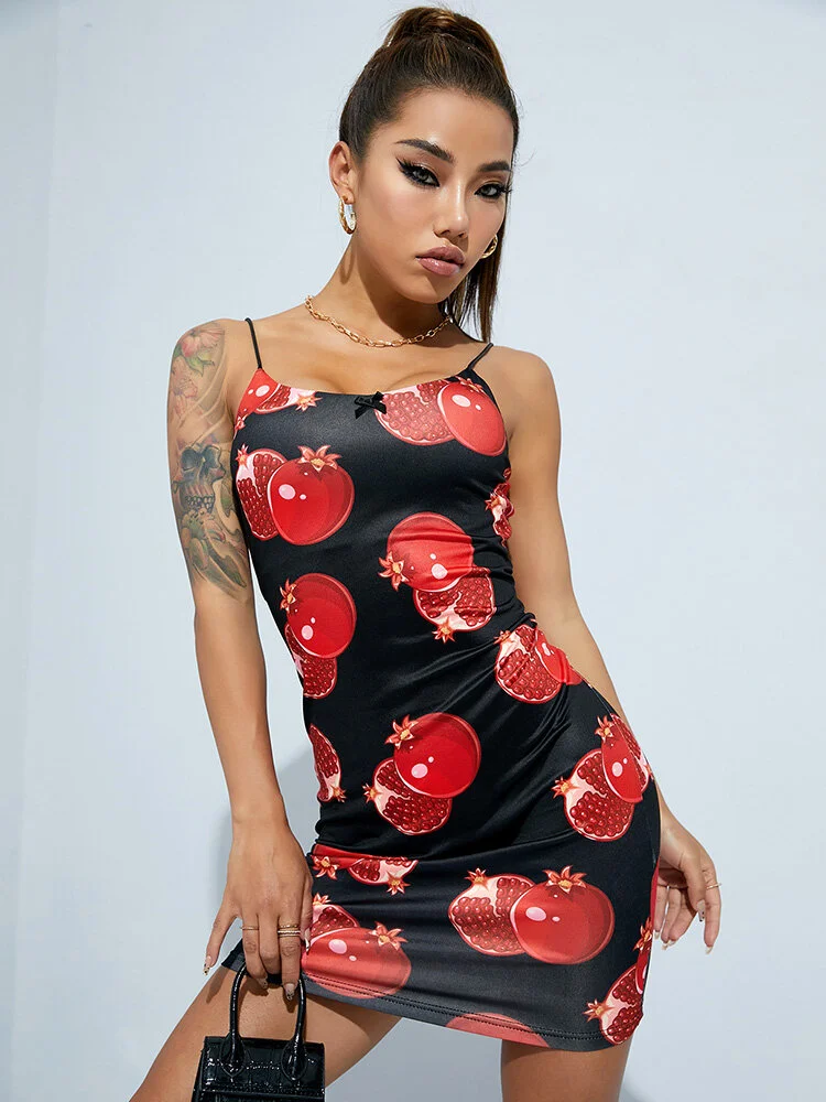 Fruit Print Backless Mini Strap Bodycon Bow Sexy Dress