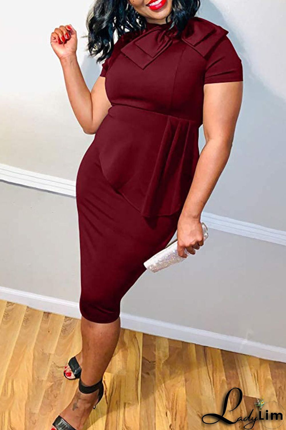 Coral Powder Casual Solid Patchwork Asymmetrical With Bow O Neck One Step Skirt Dresses