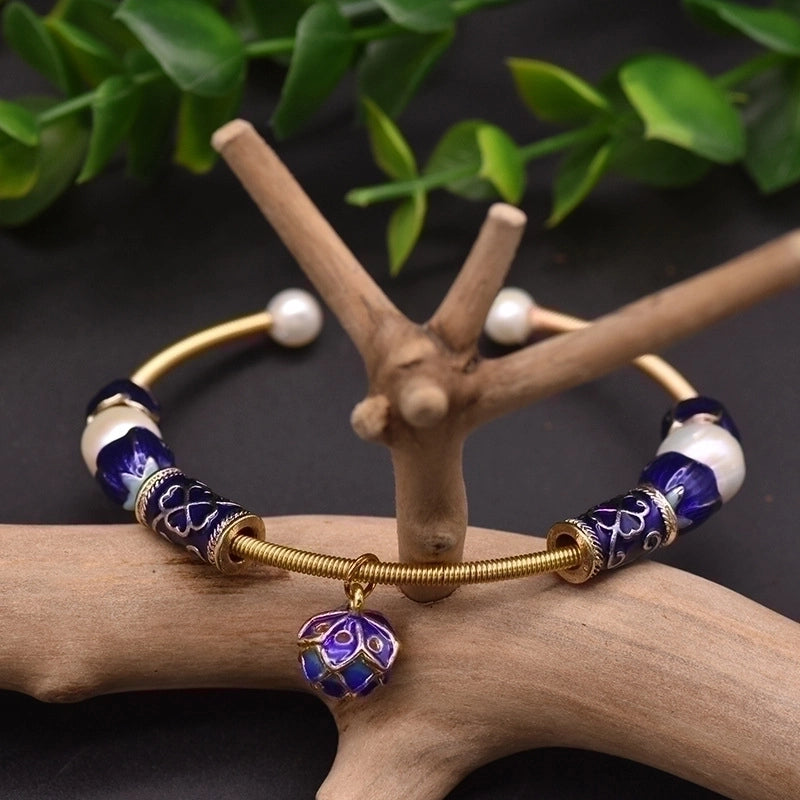 Retro Flower Copper Plating Inlay 18K Gold Plated Pearl Bangle