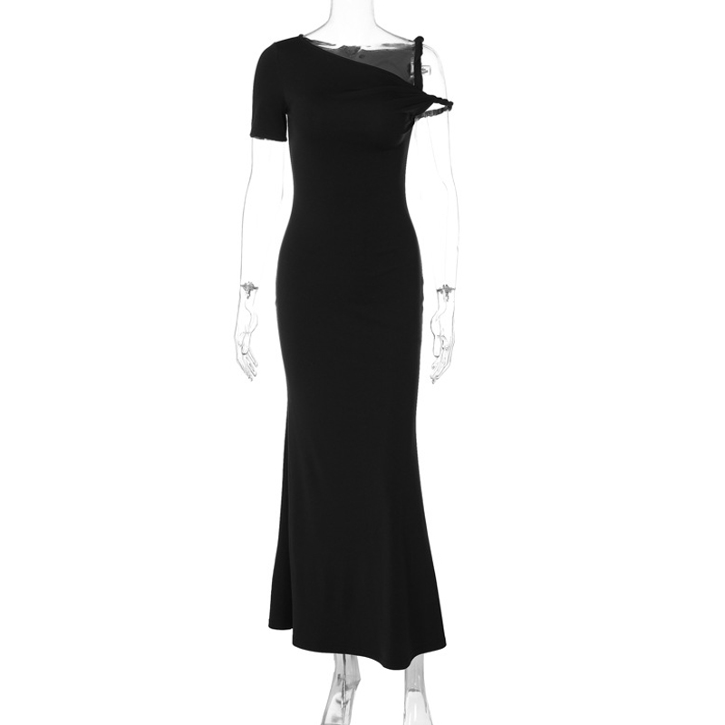 Ootddress Black Long Dress Female Slim High Waist Off-Shoulder Fashion Elegant Evening Partywear Dress Solid One-Shoulder Maxi Dress