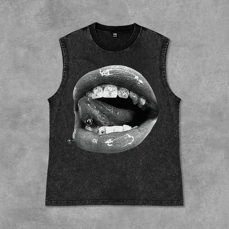 Unisex Lip Graphic Print Vintage Acid Washed Sleeveless Tank Top SOPULA