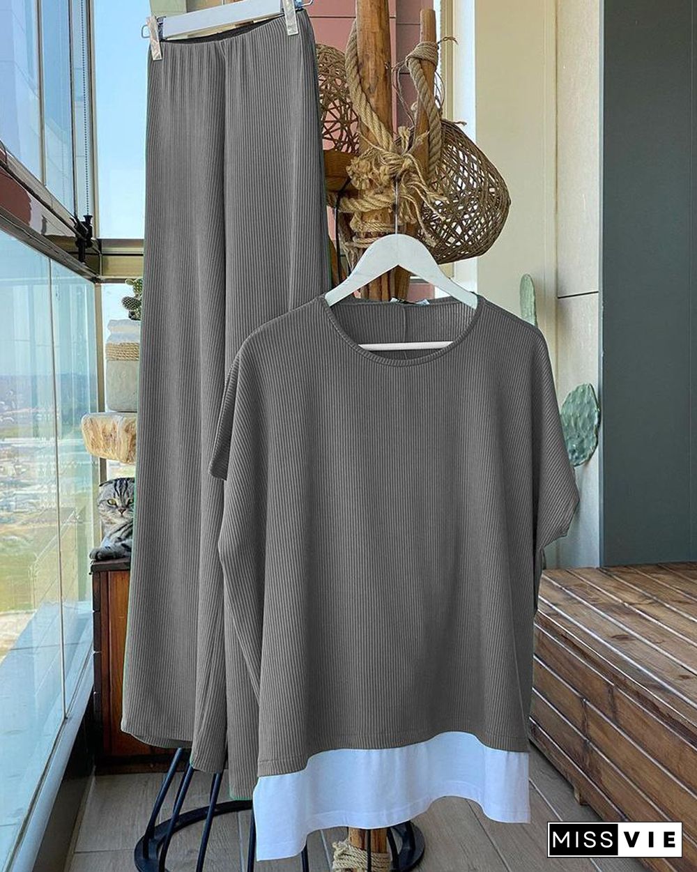 Women's Solid Color Kintted Casual Two Pieces Set