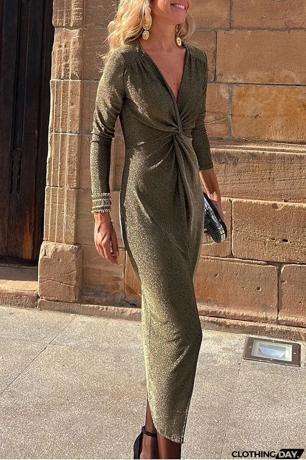 Outshine You Metallic Center Front Kink Slit Stretch Midi Dress