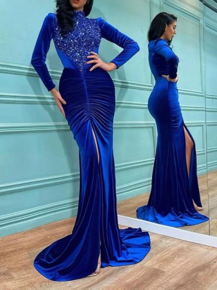 Neosepa-Royal Blue High Neck Bead And Sequins Ruching Slit Velvet Mermaid Dress