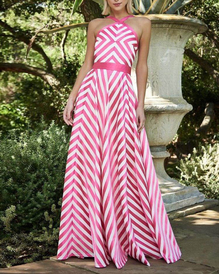 Elegant Pink Stripe Print Halter Neck Maxi Dress