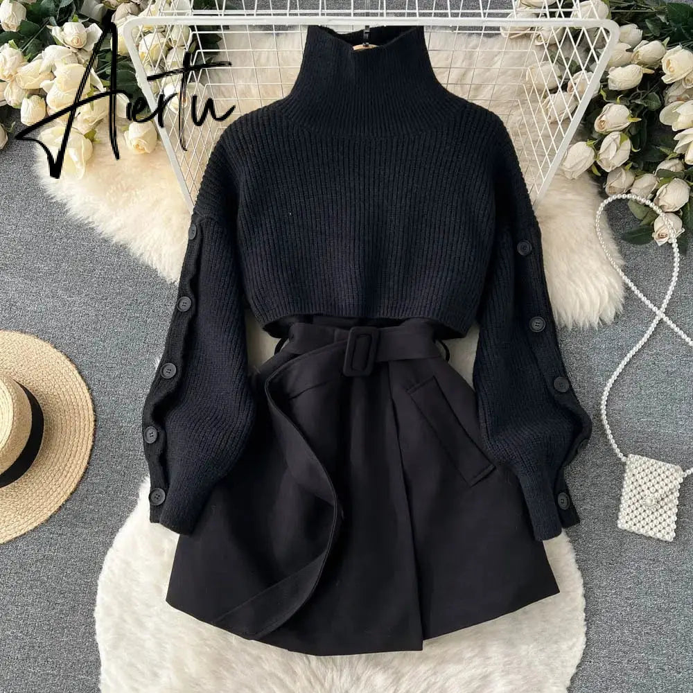 Autumn Winter Knit Two Piece Set Women's Single-breasted Turtleneck Cropped Pullover Sweater V-neck Vest Dress Solid Women Suit Aiertu