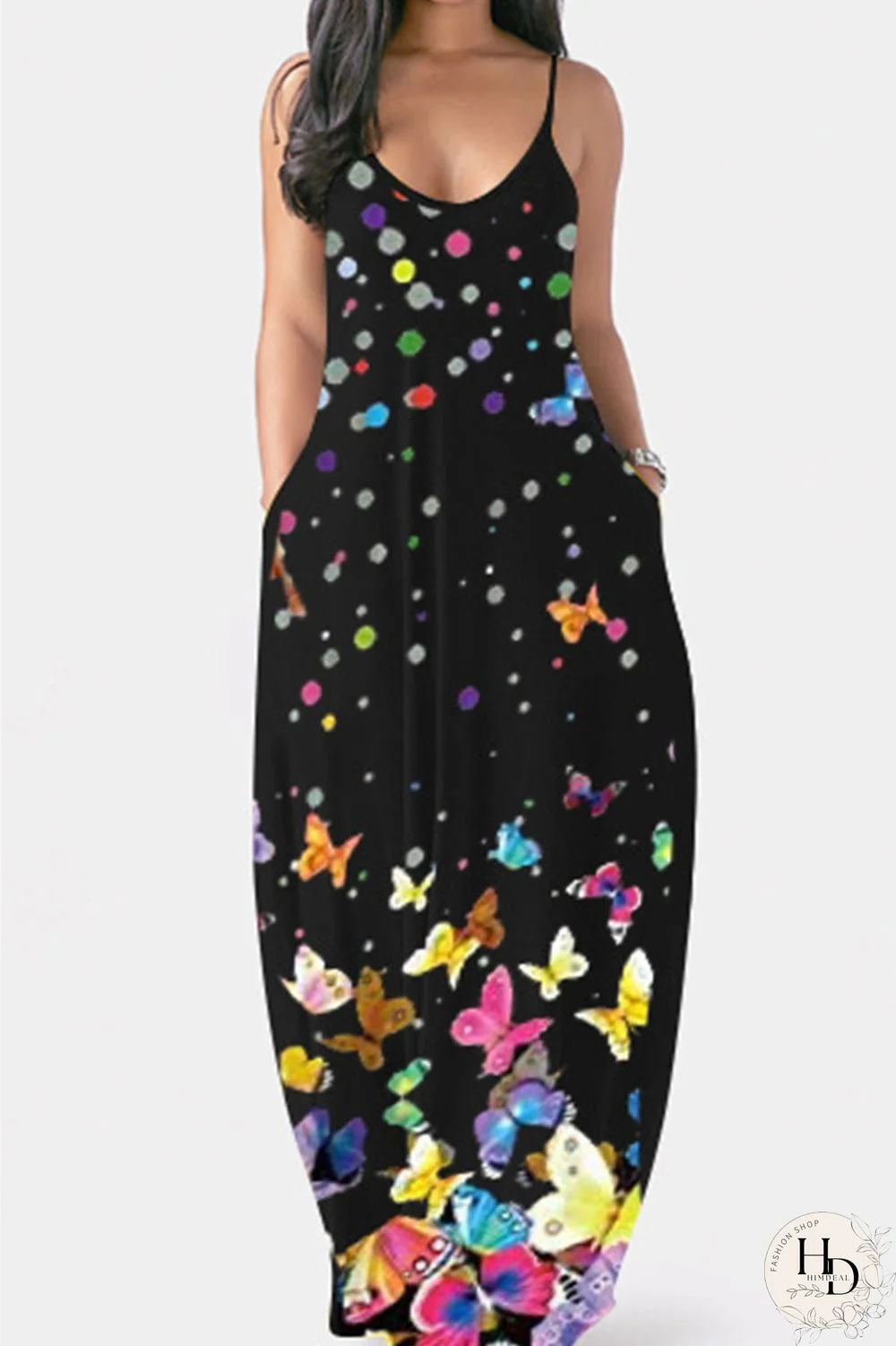 Green Sexy Casual Butterfly Print Backless Spaghetti Strap Sleeveless Dress