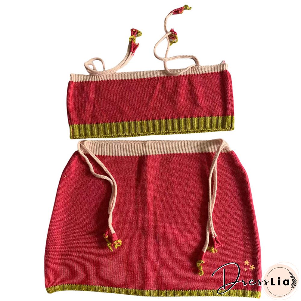 Knitted Set Women Summer Color Block Patchwork Sleeveless Crop Top And Mini Skirt Matching
