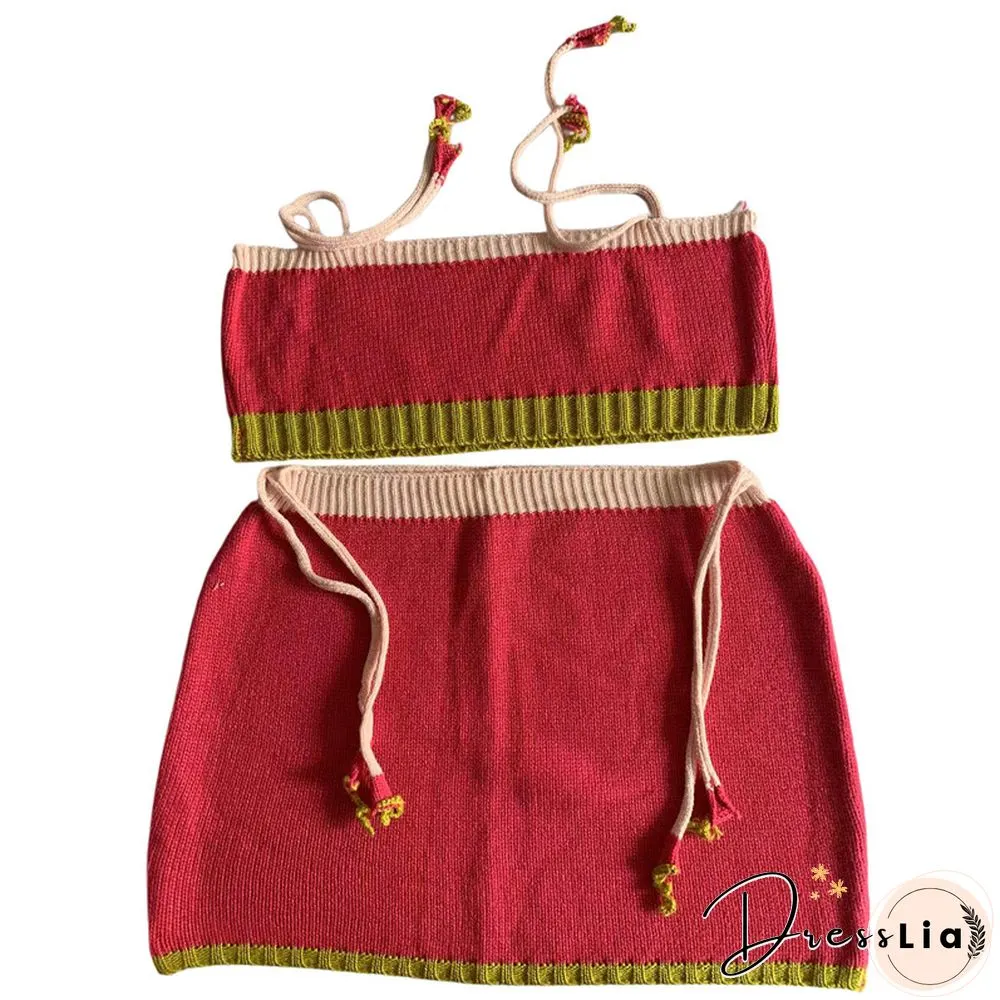 Knitted Set Women Summer Color Block Patchwork Sleeveless Crop Top And Mini Skirt Matching