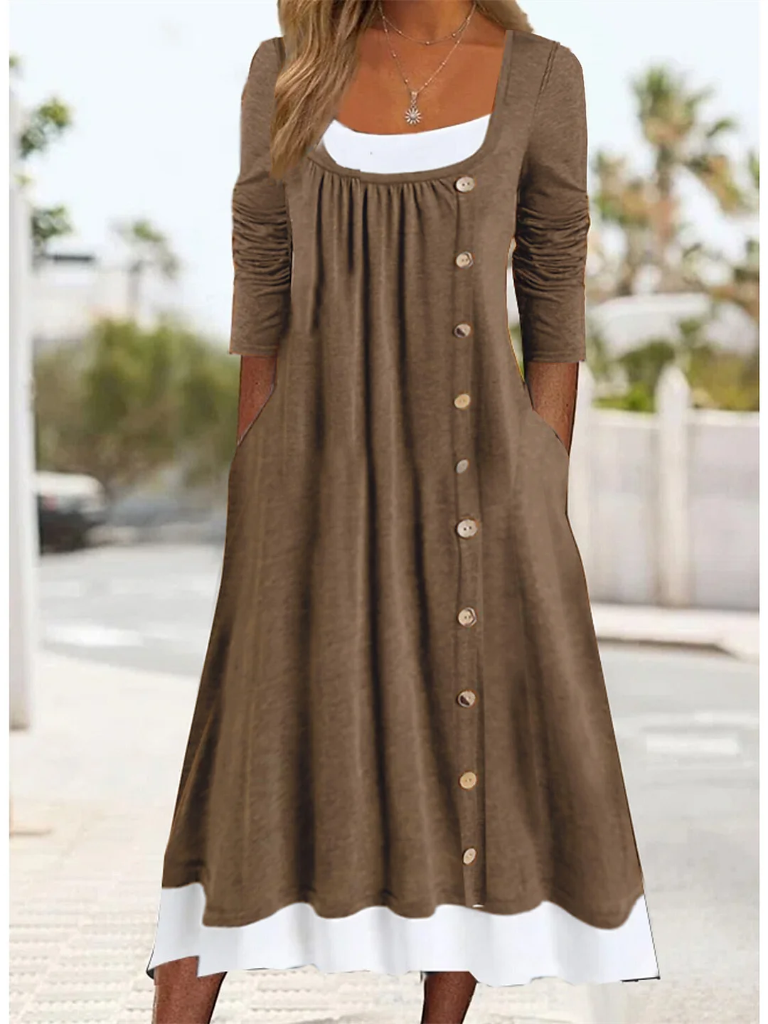 Women plus size clothing Women's Long Sleeve U-neck Button Midi Dress-Nordswear