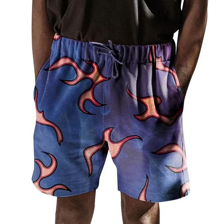 Flame Printed Summer Casual Street Beach Men's Shorts at Hiphopee