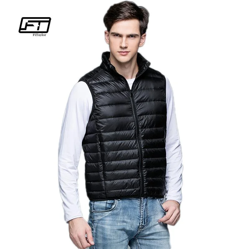 Fitaylor New Winter Men Down Vest Ultra Light 90% White Duck Down Outwear Sleeveless Warm Slim WaistCoat Black Wine Red