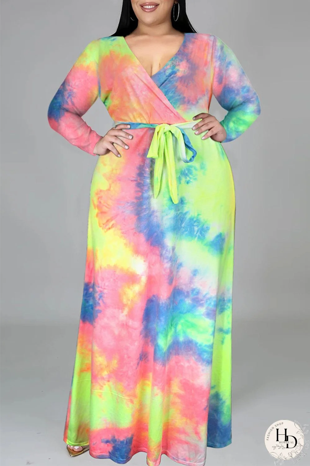Colour Fashion Casual Print Tie-dye V Neck Long Sleeve Plus Size Dress