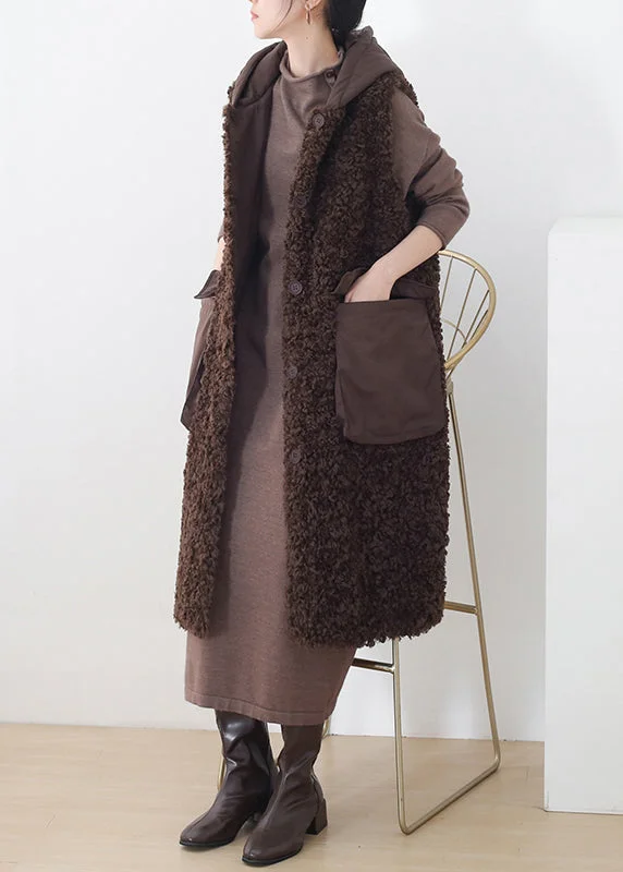 Fashion Coffee Colour Button Woolen Hooded Waistcoat Sleeveless