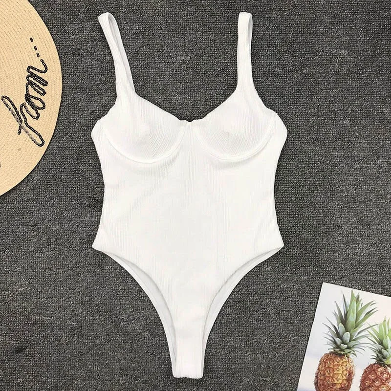 INGAGA Sexy Push Up Swimsuit One Piece Ribbed Swimwear Women 2022 New High Cut Bodysuit Women 2022 Solid Bathing Suits Beachwear