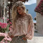 Women's Vintage Rose Embroidered Art Round Neck Long Sleeve Blouse - Image 2