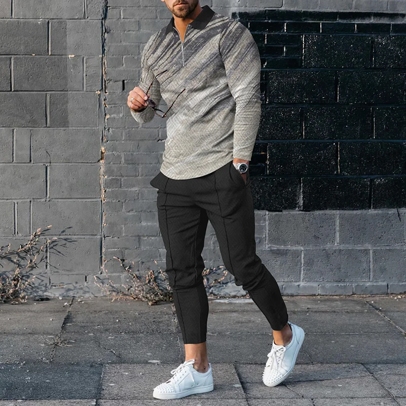 Fashion Gradient Khaki Polo Shirt And Pants Two Piece Set