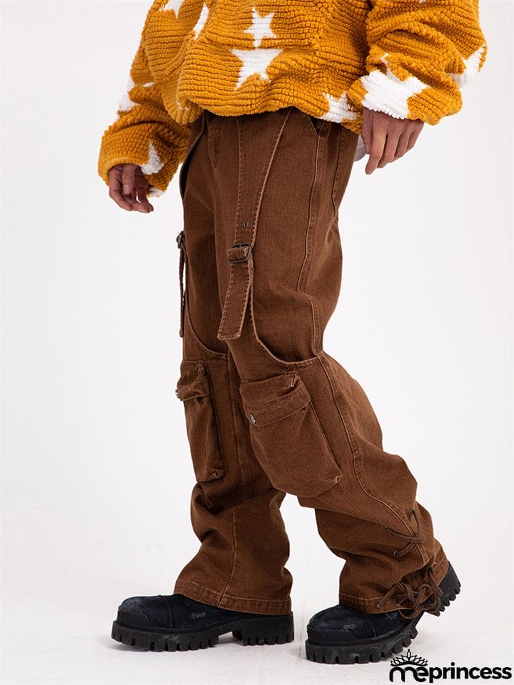 Men's Fashion Hip-Hop Loose Metal Buckle Multi-Pockets Jeans