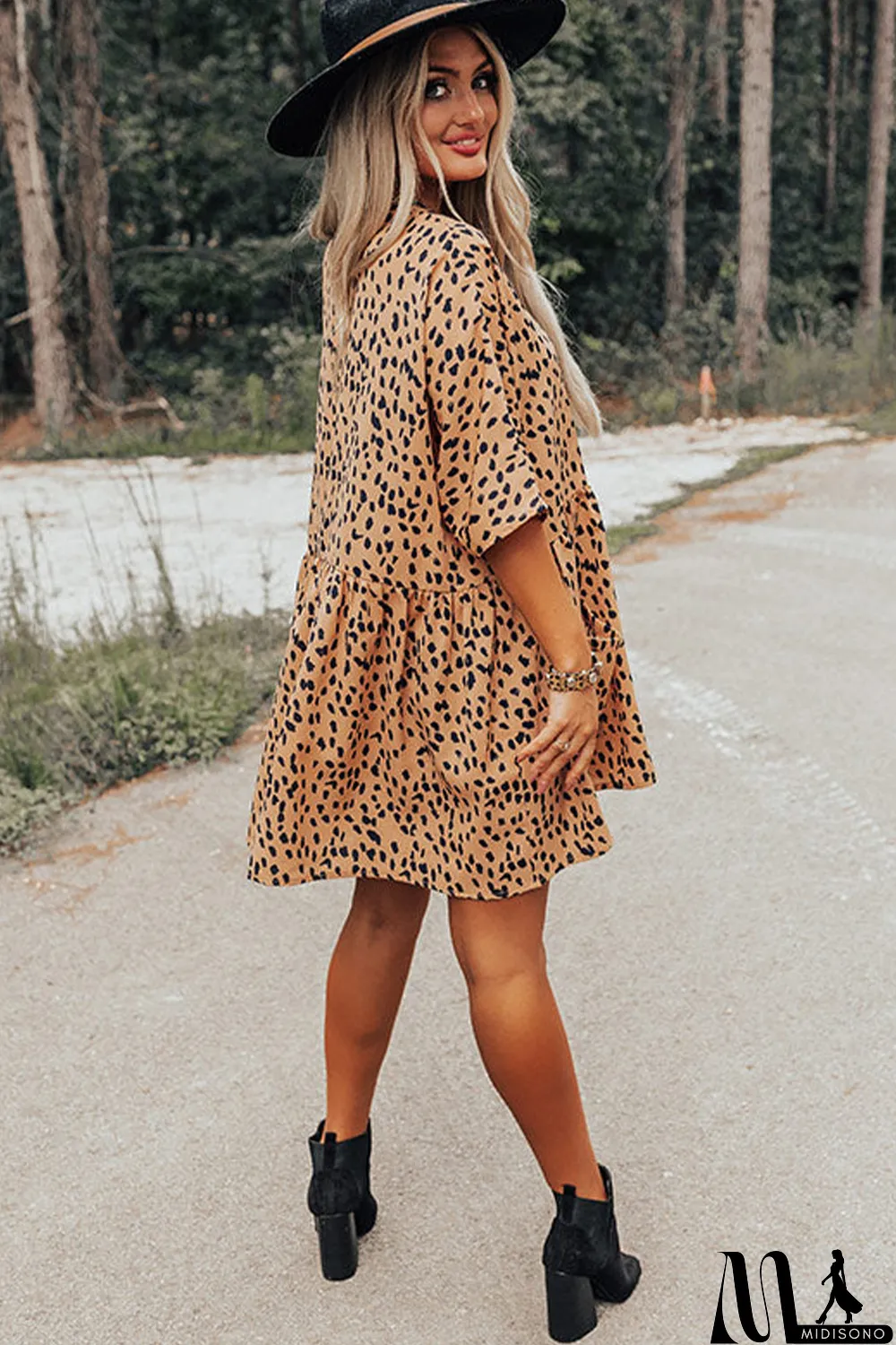 MidiSono - Leopard Button V Neck Tunic Dress
