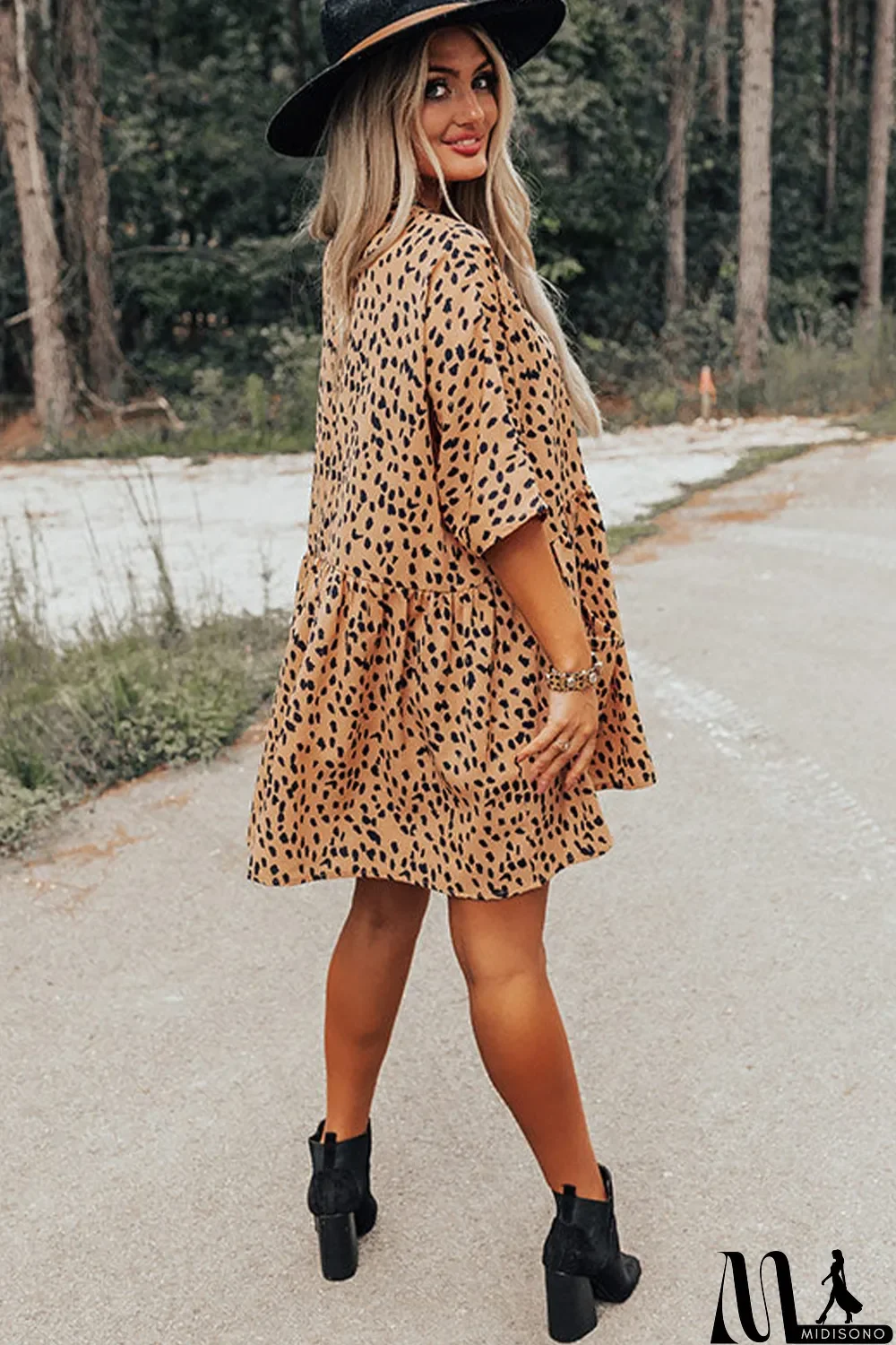 MidiSono - Leopard Button V Neck Tunic Dress