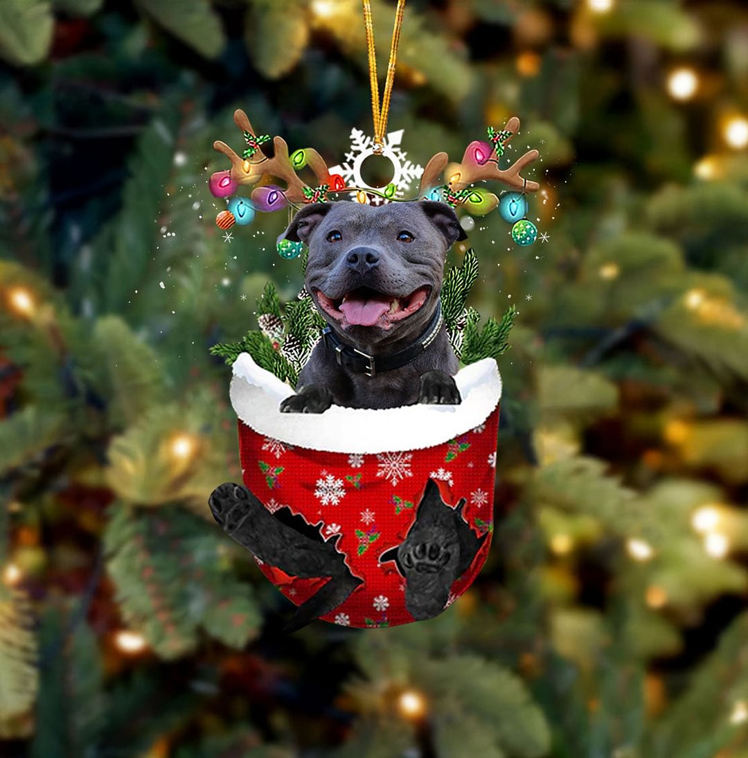 English Staffordshire Bull Terrier In Snow Pocket Christmas Ornament.