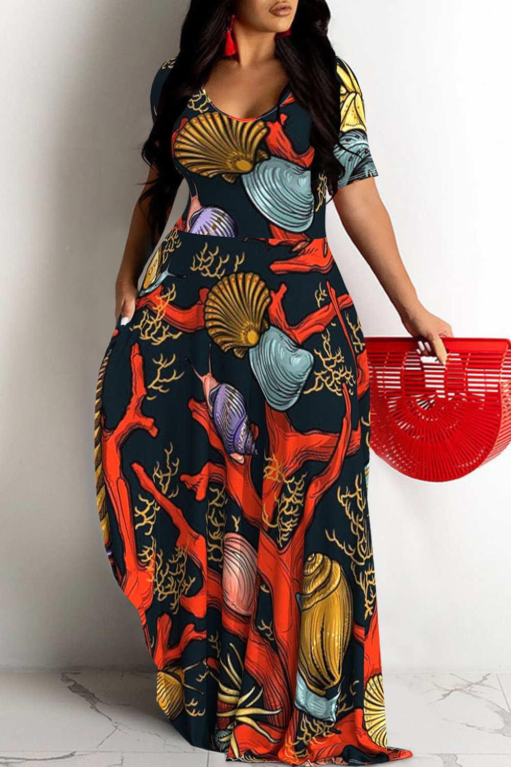 Plus Size Black Casual Marine Plant Print U Neck Short Sleeve Maxi Dresses [Pre-Order]