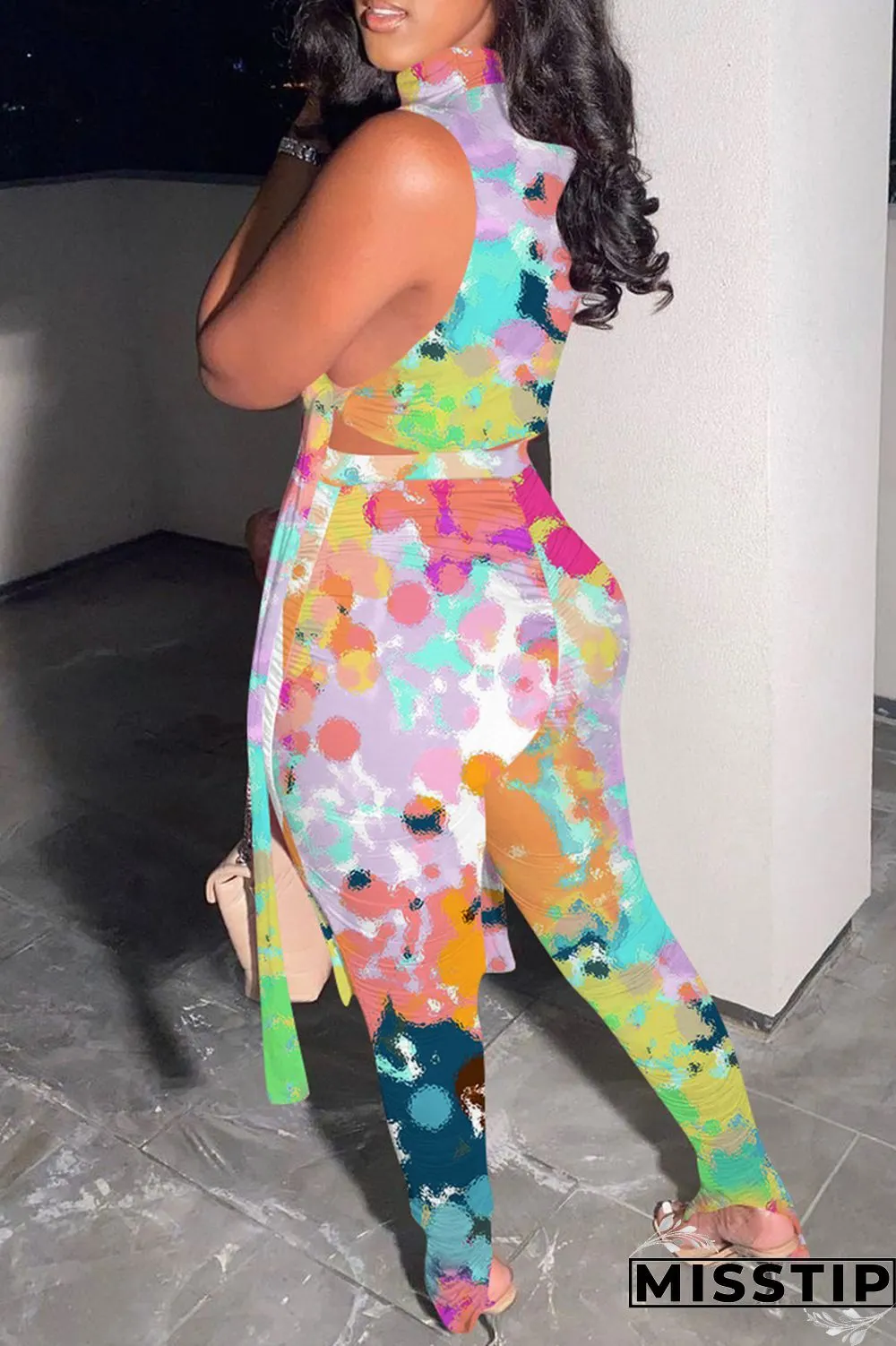 Multicolor Sexy Casual Print Bandage Fold Turtleneck Sleeveless Two Pieces