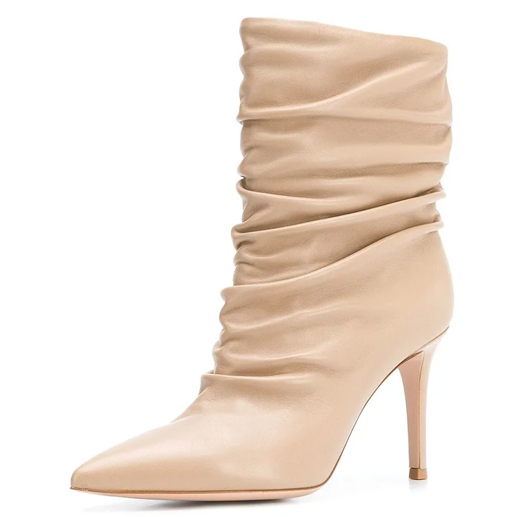 Nude Pointy Toe Stiletto Boots Fashion Slouch Boots |FSJ Shoes