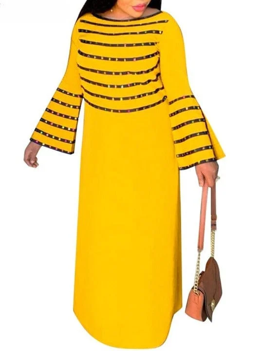 Carline Summer Vintage Long Flare Sleeve Printed Maxi Dress