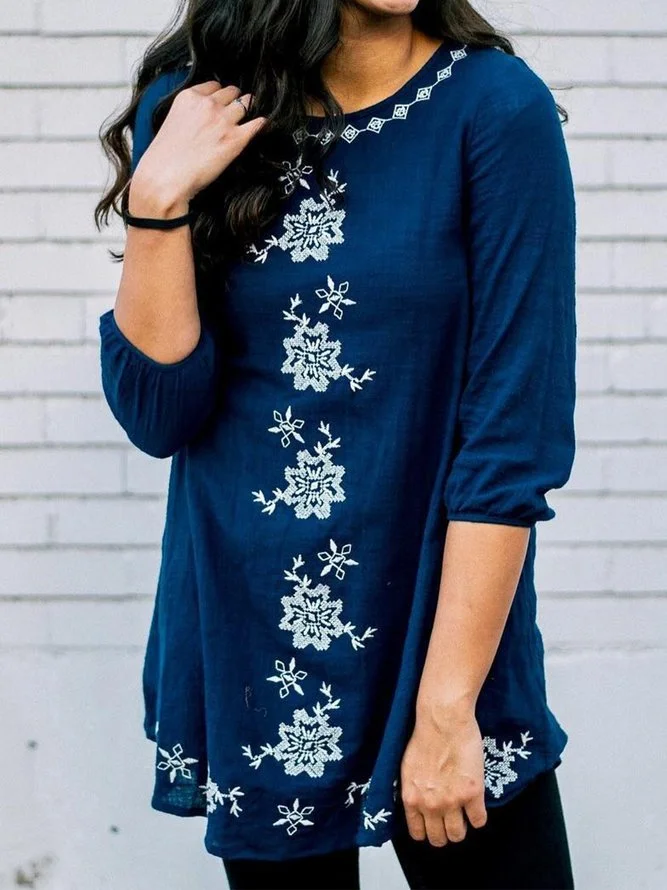 Vintage Half Sleeve Crew Neck Geometric Plus Size Casual Tops