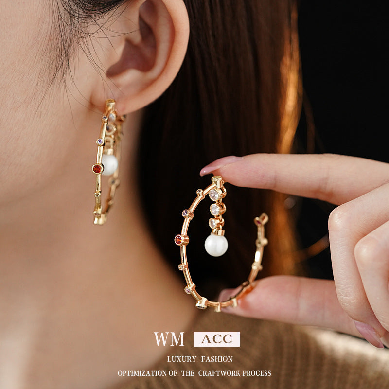 Luxurious Circle Round Geometric Artificial Pearl Zircon Inlay Earrings