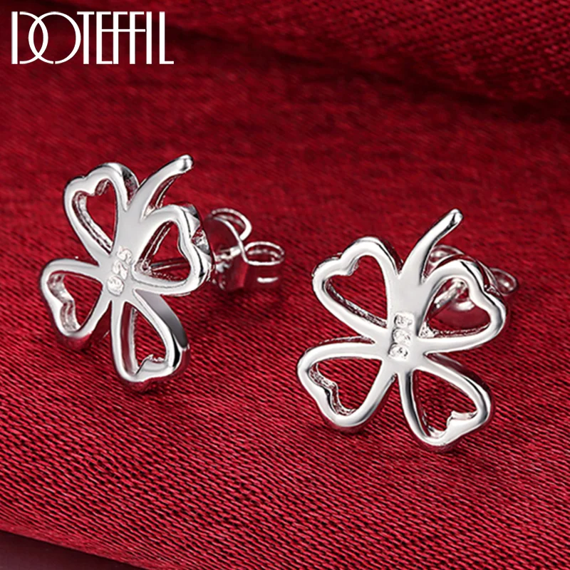 DOTEFFIL 925 Sterling Silver Four-Leaf Clover Stud Earrings For Woman Jewelry