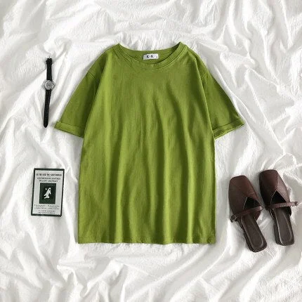 Summer Tee Shirt Solid Color Basic T-Shirt Women Casual O-neck Harajuku Top Korean Hipster Cotton Basic Tshirt