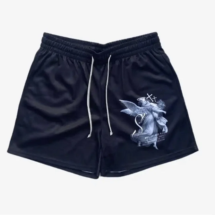 Streetwear Style Angel And Cross Printed Casual Mesh Shorts SOPULA