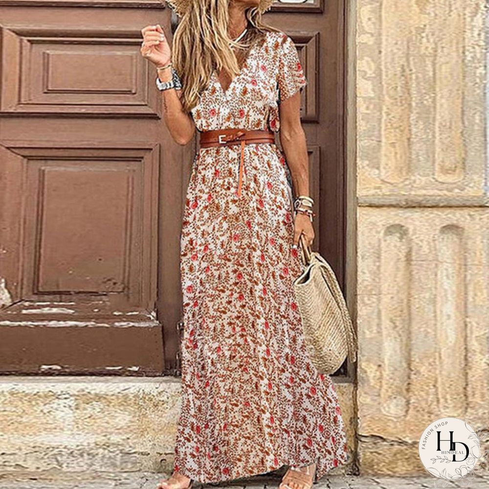 Ladies Summer Sexy Printed Boho Dress with Belt Belt